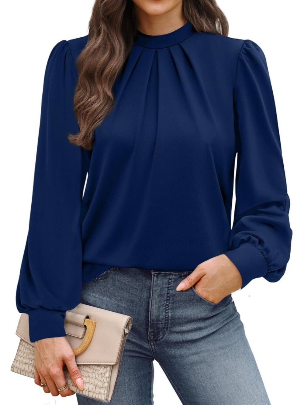 Women's Navy Blue Long Sleeve Shirts Casual Pleated Front Blouses Mock Neck Tops